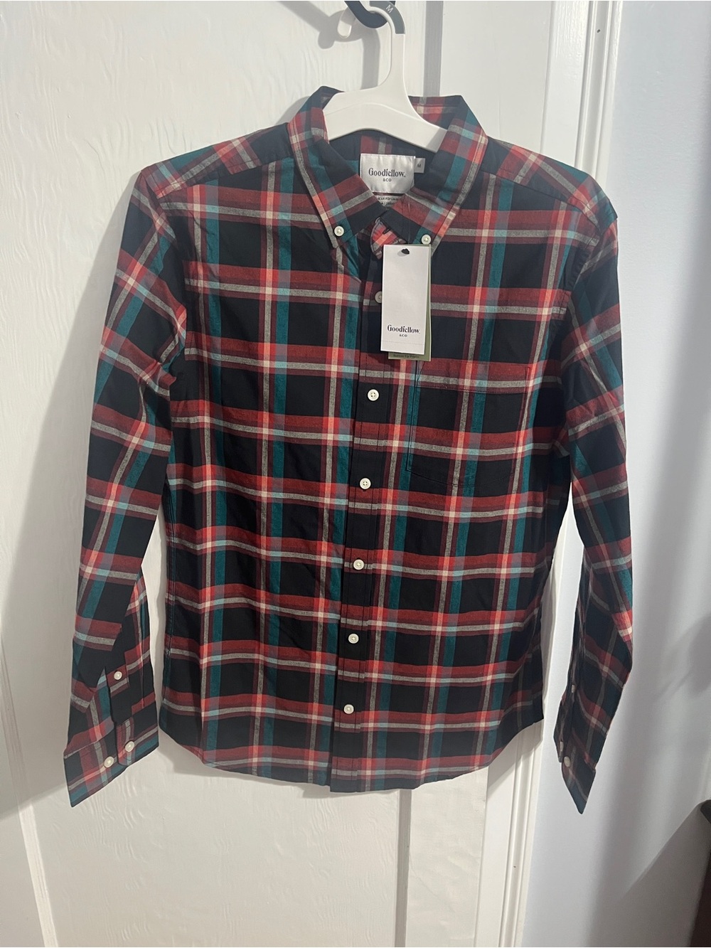 Goodfellow & Co Men's Black Red Teal Plaid Button-Down Shirt